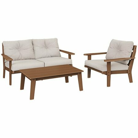 POLYWOOD Lakeside Teak / Dune Burlap Deep Seating Patio Set with Lakeside Table Chair and Loveseat 633PWS92T999